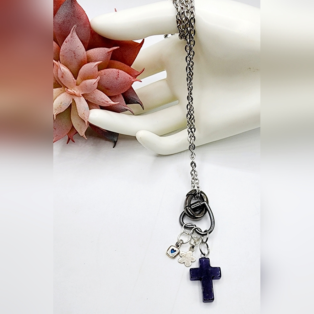 Silver chain necklace, 24inch, spring clasp,heart carabiner, dangle char…